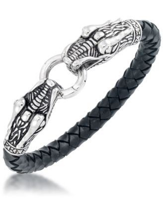 Andrew Charles by Andy Hilfiger - Men's Dragon Head Leather Bracelet in Stainless Steel