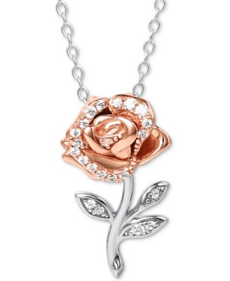 Disney - Cubic Zirconia Rose 18" Pendant Necklace in Sterling Silver & 18k Rose Gold-Plate