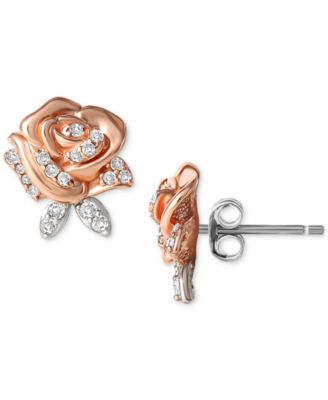 Disney - Cubic Zirconia Rose Beauty & The Beast Stud Earrings in Sterling Silver & 18k Rose Gold-Plate