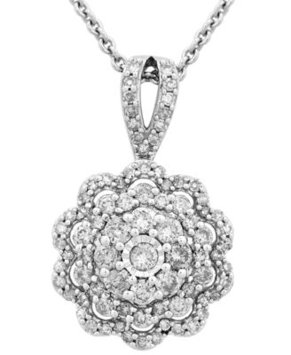 Macy's - Diamond Flower Cluster Pendant Necklace (1/2 ct. t.w.) in 10k White Gold, 16" + 2" extender