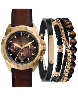 American Exchange - Men's Brown Faux-Leather Strap Watch 51mm Gift Set
