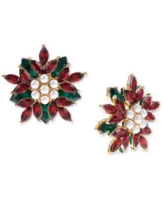 Holiday Lane - Gold-Tone Color Stone & Imitation Pearl Yuletide Poinsettia Button Earrings