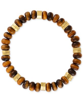 Esquire Men's Jewelry - Tiger Eye Bead Stretch Bracelet in 14k Gold-Plated Sterling Silver