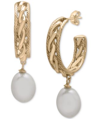 Macy's - Cultured Freshwater Pearl (13 x 15mm) Dangle Hoop Earrings in 14k Gold-Plated Sterling Silver