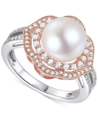 Macy's - Cultured Freshwater Pearl (9mm) & Diamond (1/2 ct. t.w.) Ring in 10k Rose & White Gold