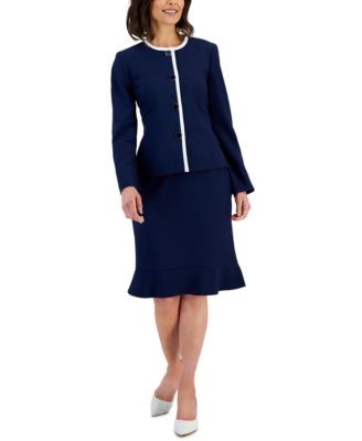 Le Suit - Women's Framed Collarless Jacket & Flounce-Hem Skirt, Regular & Petite