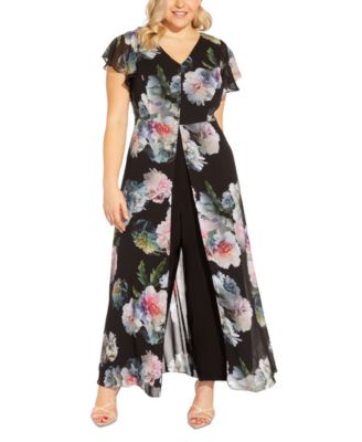 Adrianna Papell - Plus Size Floral Chiffon Overlay Jumpsuit