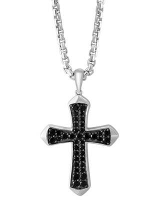 EFFY Collection - Men's Black Spinel Cross 22" Pendant Necklace (1-1/5 ct. t.w.) in Sterling Silver