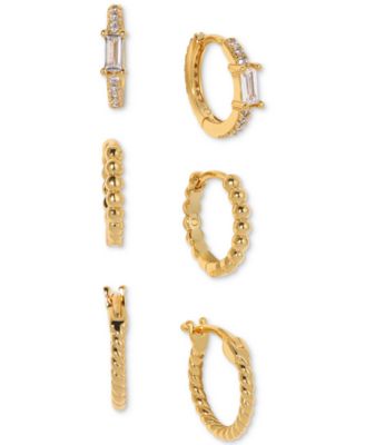 Girls Crew - 18k Gold-Plated 3-Pc. Set Small Crystal & Textured Hoop Earrings, 0.5"