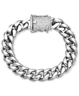 Macy's - Men's Diamond Pav&eacute; Clasp Curb Link Bracelet (1/2 ct. t.w.) in Stainless Steel