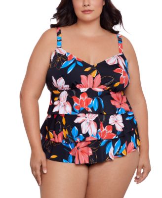 Swim Solutions - Plus Size Tiered Floral-Print One Piece