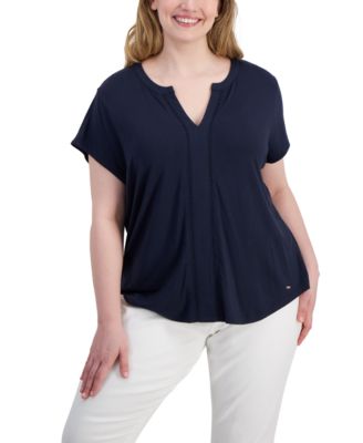 Tommy Hilfiger - Plus Size Split-Neck Cap-Sleeve Top