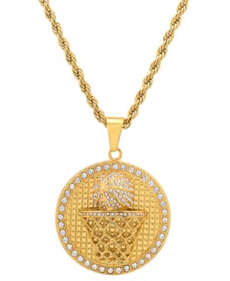 STEELTIME - Men's 18k Gold-Plated Stainless Steel Simulated Diamond Basketball 24" Pendant Necklace