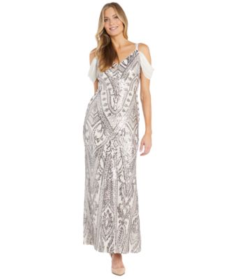 R & M Richards - Women's Sequin Embellished Draped Sleeve V-Neck Gown