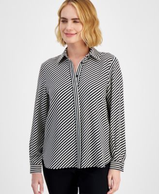 Anne Klein - Petite Striped Covered-Placket Long-Sleeve Top