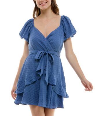 Trixxi - Juniors' Balloon-Sleeve Faux-Wrap Dress