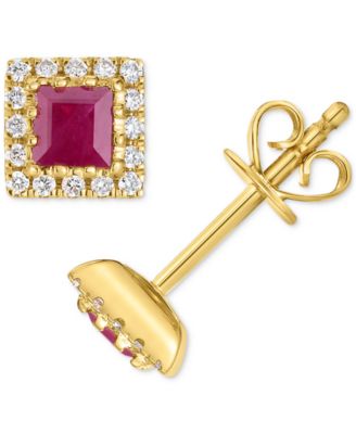 Macy's - Ruby (1/2 ct. t.w.) & Diamond (1/8 ct. t.w.) Square Halo Stud Earrings in 14k Gold