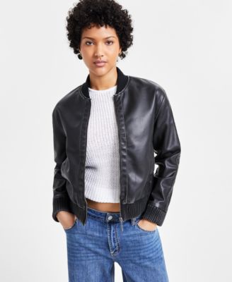Jou Jou - Juniors' Distressed Faux-Leather Bomber Jacket