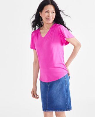 Style & Co - Women's Solid Smocked Flutter-Sleeve V-Neck Knit Top