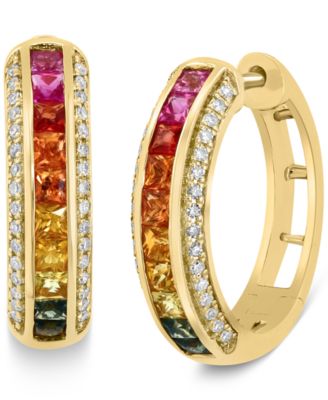 EFFY Collection - Multi-Sapphire (3/4 ct. t.w.) & Diamond (1/5 ct. t.w.) Small Huggie Hoop Earrings in 14k Gold; 0.625"