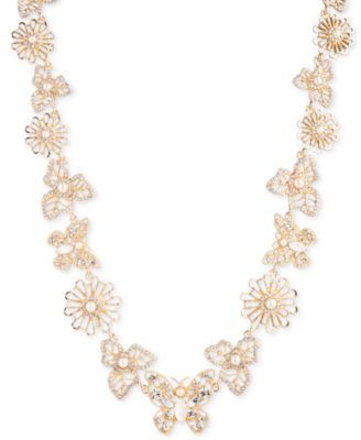 Marchesa - Gold-Tone Imitation Pearl, Mother of Pearl & Glass Stone Butterfly & Flower Collar Necklace, 16" + 3" extender