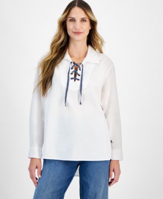 Nautica Jeans - Women's Cotton Lace-Up Fold-Collar Top