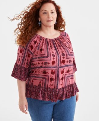 Style & Co - Plus Size Scoop-Neck Ruffled-Hem 3/4-Sleeve Top