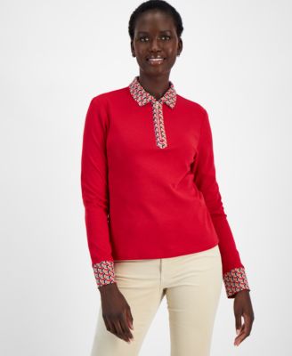 Tommy Hilfiger - Women's Cotton Geo-Print-Trim Top