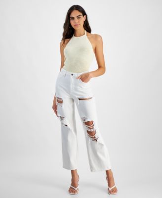 GUESS - Women's 90S High Rise Distressed Straight Leg Jeans