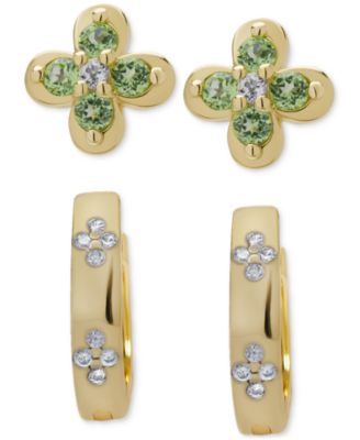 Macy's - 2-Pc. Set Peridot (3/8 ct. t.w.), White Topaz (1/20 ct. t.w..) & Lab Grown White Sapphire (1/6 ct. t.w.) Clover & Stud & Hoop Earrings in 14k Gold-Plated Sterling Silver