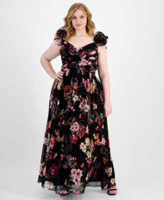 B Darlin - Trendy Plus Size Floral-Print Ruffle-Strap Gown