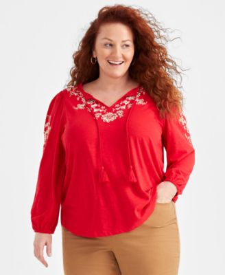 Style & Co - Plus Size Embroidered Tie-Neck Knit Top