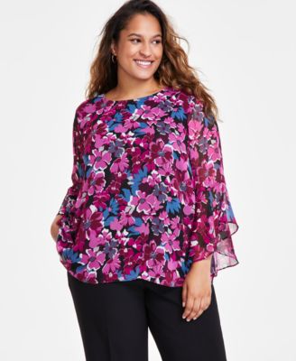 Kasper - Plus Size Floral-Print Ruffled-Sleeve Blouse