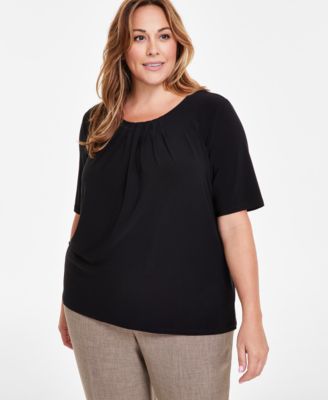 Kasper - Plus Size Solid Pleat-Front Short-Sleeve Blouse