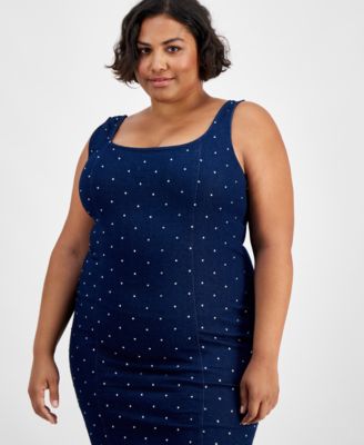 Derek Heart - Trendy Plus Size Embellished Square-Neck Bodycon Denim Dress