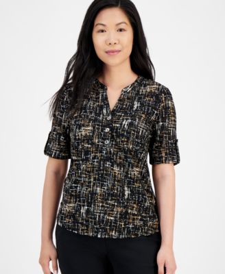 AK Anne Klein - Petite Printed Split-Neck Roll-Tab-Sleeve Top