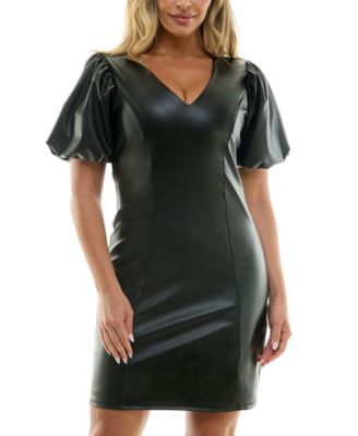 Planet Gold - Juniors' Faux-Leather Puff-Sleeve Mini Dress