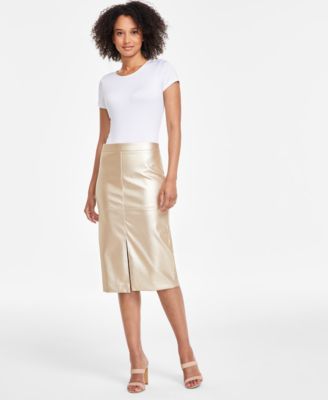 Anne Klein - Women's Slit-Front Faux-Leather Midi Skirt