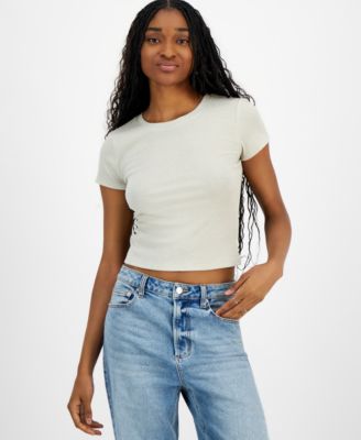 Madden Girl - Juniors' Metallic-Threaded Short-Sleeve Top