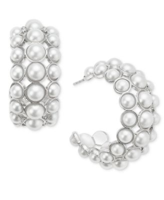 On 34th - Silver-Tone Medium Imitation Pearl C-Hoop Earrings, 1.1"
