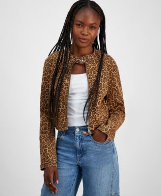 Tinseltown - Juniors' Leopard-Print Cropped Moto Jacket