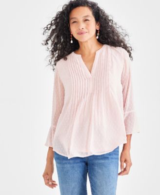 Style & Co - Women's Swiss-Dot Pleated Split-Neck Top