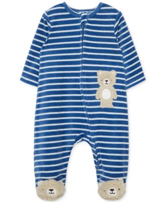Little Me - Baby Boys Striped Fuzzy Bear Footed Coverall