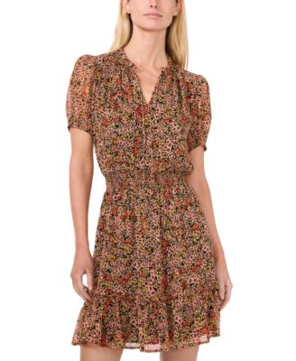 CeCe - Women's Short-Sleeve Tie-Neck Ruffled Dress