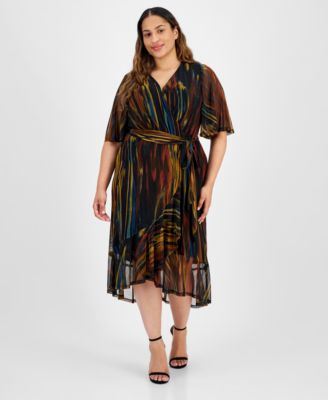 Connected - Plus Size Printed High-Low Wrap Dress