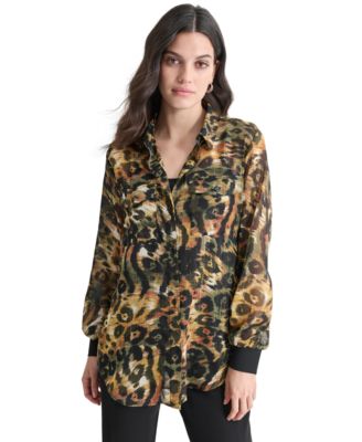 DKNY - Women's Printed Chiffon Button-Front Blouse
