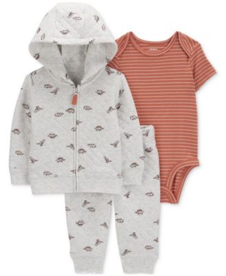 Carter's - Baby Boys Quilted Dinosaur-Print Hoodie, Striped Bodysuit & Quilted Dinosaur-Print Pants, 3 Piece Set