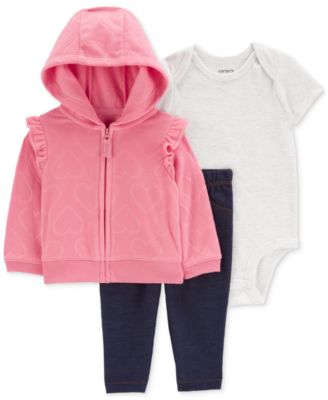 Carter's - Baby Girls Hooded Fleece Jacket, Bodysuit & Faux-Denim Pants, 3 Piece Set
