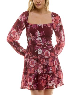 Trixxi - Juniors' Floral Print Blouson-Sleeve Fit & Flare Dress