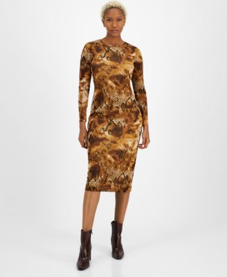 Bar III - Women's Printed Round-Neck Long-Sleeve Midi Dress